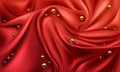 Red silk draped fabric background with gold pearls Royalty Free Stock Photo