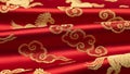 Red silk fabric with gold cloud pattern close up texture Royalty Free Stock Photo