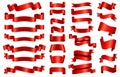 Red silk ribbon banners. 3d curved and spiral glossy ribbons for congratulation, opening, gift or festive. Satin