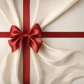 Red Silk Ribbon Bow Christmas Gift Wrapping Cream Satin Background.