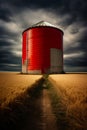 Red silo in field of wheat under cloudy sky. Generative AI Royalty Free Stock Photo