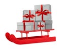 Red silver christmas gift boxes on red wooden santa claus sleigh Royalty Free Stock Photo