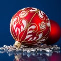 Red and silver christmas ornaments on dark blue background Royalty Free Stock Photo