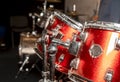 Red and silver drums equipment close up