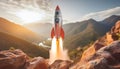 Red And Silver Rocket Launching From Mountaintop At Sunset Royalty Free Stock Photo