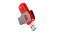 Red and silver USB 3.0 flash drive isolated on white background . USB Pen Drive or flash drive on white background. Close-up. Full Royalty Free Stock Photo