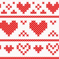 Red simple cute cross stitch hearts and stripes on white canvas seamless pattern, vector Royalty Free Stock Photo