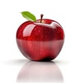 Red single realistic shiny apple with reflection on white background. AI generative illustration Royalty Free Stock Photo