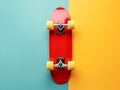 Red skate board or skating surf board on colored background with copy space. Extreme lifestyle and active sports. Colorful cruiser