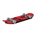 Red skateboard featuring black abstract designs underneath. It has a classic shape Royalty Free Stock Photo