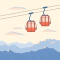 Red ski cabin lift for mountain skiers moves in the air on a cableway on the background of winter snow mountains