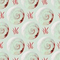 Red and sky blue swirl circle and leaves shaped seamless fabric pattern