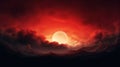 Red sky with clouds and full moon. Halloween background. illustration. Generative AI Royalty Free Stock Photo