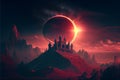 castle of thorn with solar eclipse in dark red sky, digital art style Royalty Free Stock Photo