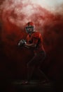 Red sky. Creative portrait of young man, american football player at stadium in motion on smoked background. Sport Royalty Free Stock Photo