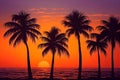 Red sky and sun sunset landscape view. Palm coconut trees black silhouette on the seashore. Tropical beach travel Royalty Free Stock Photo