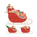 Red sleds of Santa Claus with gifts. Vector illustration isolated on white background. Cartoon style design. Set. Royalty Free Stock Photo