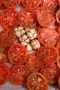 Red tomatoes sprinkled with spices and garlic.