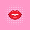 Red slightly opened lips on pink half-tone pattern background made in comics style