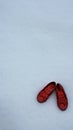 Red slippers in the snow Royalty Free Stock Photo