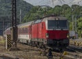 Red slovakia train in Kysak station in east Slovakia