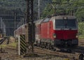 Red slovakia train in Kysak station in east Slovakia