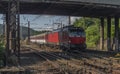 Red slovakia train in Kysak station in east Slovakia