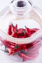 Red small spisy chili peppers in glass jar Royalty Free Stock Photo