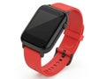 Red smartwatch with black rectangular screen and black buckle on white background Royalty Free Stock Photo