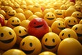 a red smiley face in a crowd of yellow smiley faces Royalty Free Stock Photo