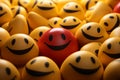 a red smiley face in the middle of a group of yellow smiley faces Royalty Free Stock Photo