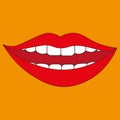 Red smiling female lips vector illustration isolated on a yellow background