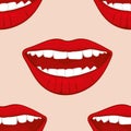 Red smiling womans lips vector seamless pattern