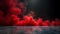 Red smoke fills dark room. Abstract smoke effect against black background. Concrete floor. Empty scene. Ideal for product