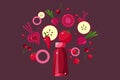Red smoothie drink in bottle, ingredients flying over the bottle vector Illustration on a wine background
