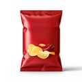 Red snack bag with potato chips and red chilis pattern mockup isolated on white background Royalty Free Stock Photo