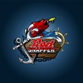 Red Snapper illustration of a fishing scene with an anchor and a helm on a dark background