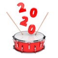 Red Snare Drum with Pair of Drum Sticks and 2020 New Year Sign. 3d Rendering Royalty Free Stock Photo