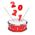 Red Snare Drum with Pair of Drum Sticks and 2021 New Year Sign. 3d Rendering Royalty Free Stock Photo