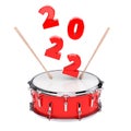 Red Snare Drum with Pair of Drum Sticks and 2022 New Year Sign. 3d Rendering Royalty Free Stock Photo