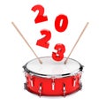 Red Snare Drum with Pair of Drum Sticks and 2023 New Year Sign. 3d Rendering Royalty Free Stock Photo