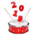 Red Snare Drum with Pair of Drum Sticks and 2019 New Year Sign.