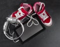 Red sneakers, headphones, tablet .