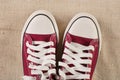 Red sneakers on old fabric retro background Royalty Free Stock Photo
