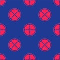 Red Sniper optical sight icon isolated seamless pattern on blue background. Sniper scope crosshairs. Vector Royalty Free Stock Photo