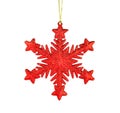 Red snowflake isolated on white background. Shiny Christmas tree toy Royalty Free Stock Photo