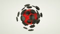 Red soccer ball fractured and separated on many hexagonal pieces. 3d rendering