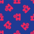 Red Soccer football betting money icon isolated seamless pattern on blue background. Football bet bookmaker. Soccer Royalty Free Stock Photo