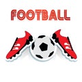 Red soccer shoes and soccer ball, and football inscription, cart Royalty Free Stock Photo