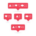Red social media notifications icons for web design, social net. Tag, button for like, comment, speech bubble, request. Click on